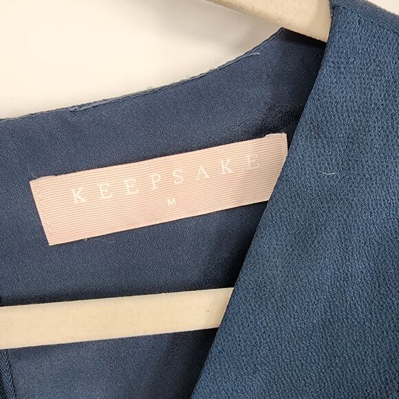 Keepsake The Label Mini Dress M Satin Lace Trim Long Flare Sleeve Blue Black - Picture 5 of 15